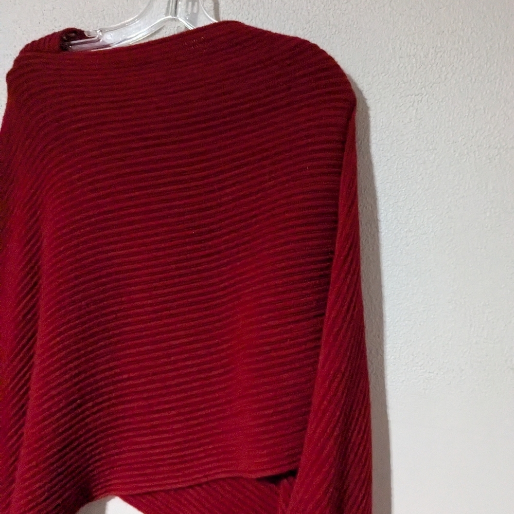 Poncho Sweater Ribbed Fringe By V. FRASS Pull On One Size Fits Most Holiday Red